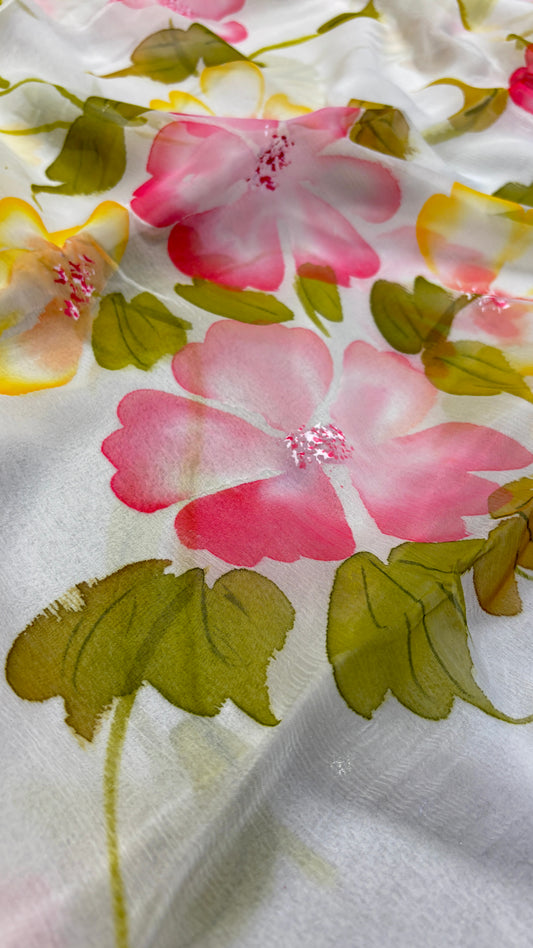 CLASSIC WHITE HAND-PAINTED CHIFFON SAREE WITHOUT BLOUSE ( DELIVERY IN 25 DAYS )