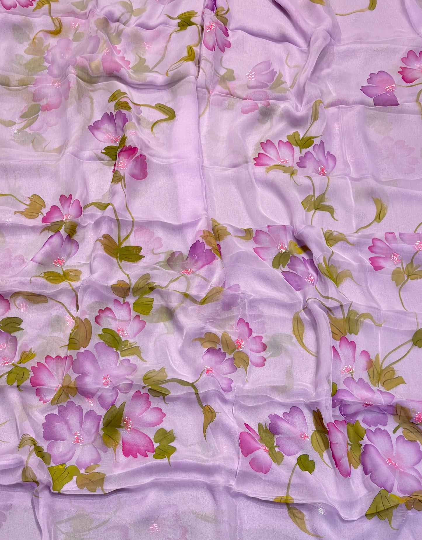 LILAC COLOUR HAND-PAINTED CHIFFON SAREE WITHOUT BLOUSE( DELIVERY IN 25 DAYS )