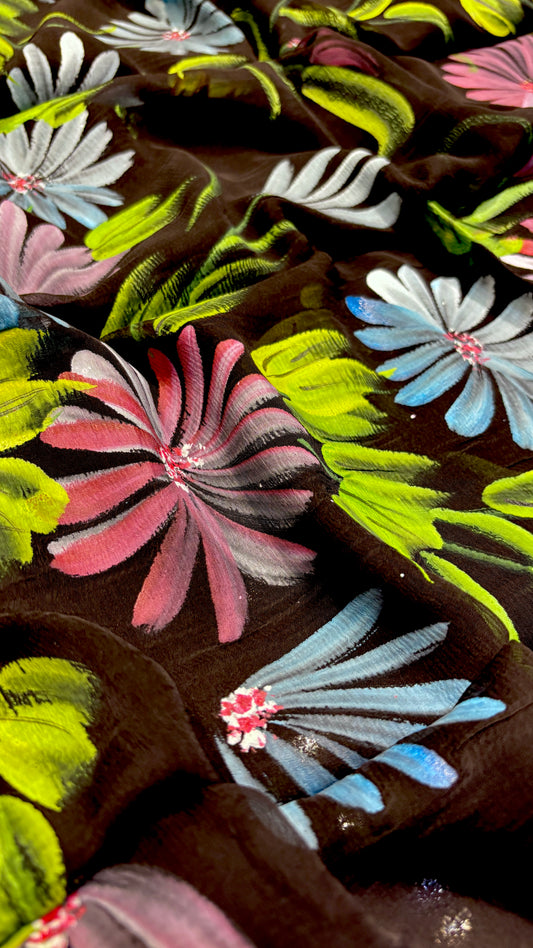 BLACK HAND-PAINTED CHIFFON SAREE WITHOUT BLOUSE( DELIVERY IN 25 DAYS )