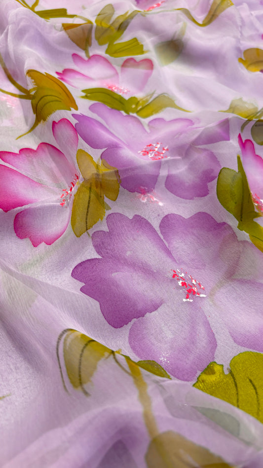 LILAC COLOUR HAND-PAINTED CHIFFON SAREE WITHOUT BLOUSE( DELIVERY IN 25 DAYS )