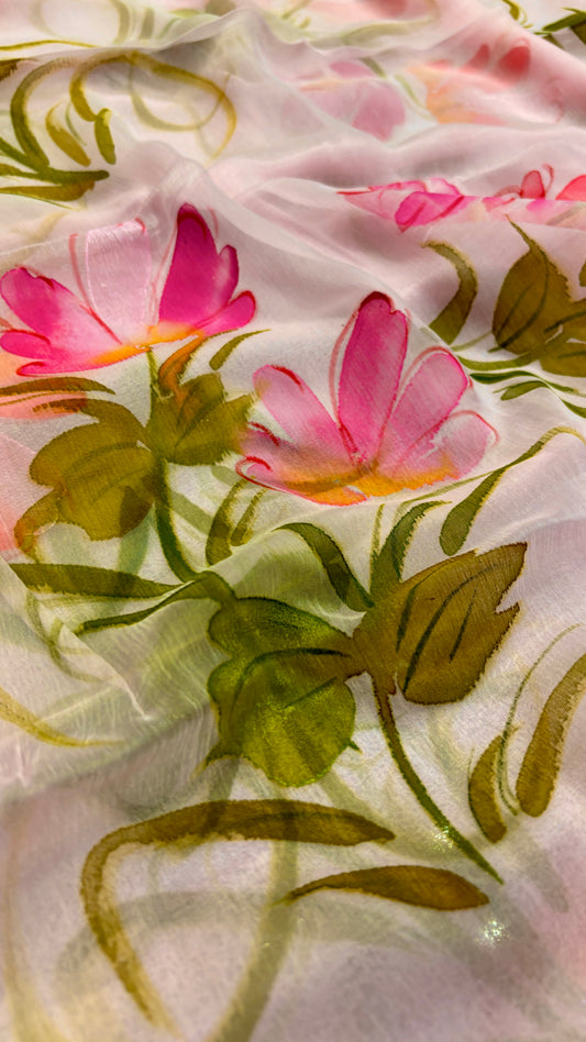 LIGHT PINK HAND-PAINTED CHIFFON SAREE (WITHOUT BLOUSE)