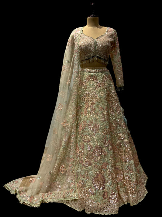 SEA GREEN NET EMBROIDERED LEHENGA WITH READYMADE BLOUSE EMBELLISHED WITH SEQUINS PEARL & STONE WORK