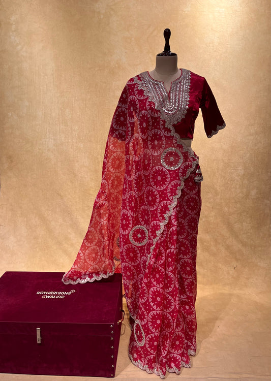 RED COLOR ORGANZA BANDHANI PRINT SAREE WITH READYMADE BLOUSE EMBELLISHED WITH GOTA PATTI WORK
