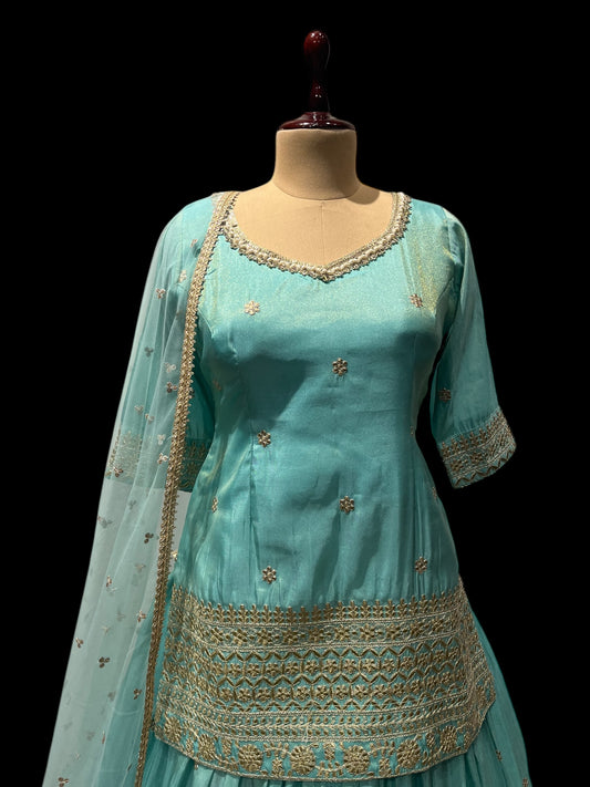 SKY BLUE COLOUR TISSUE SKIRT WITH KURTA WITH &  NET DUPATTA EMBELLISHED WITH  KASAB & ZARI WORK