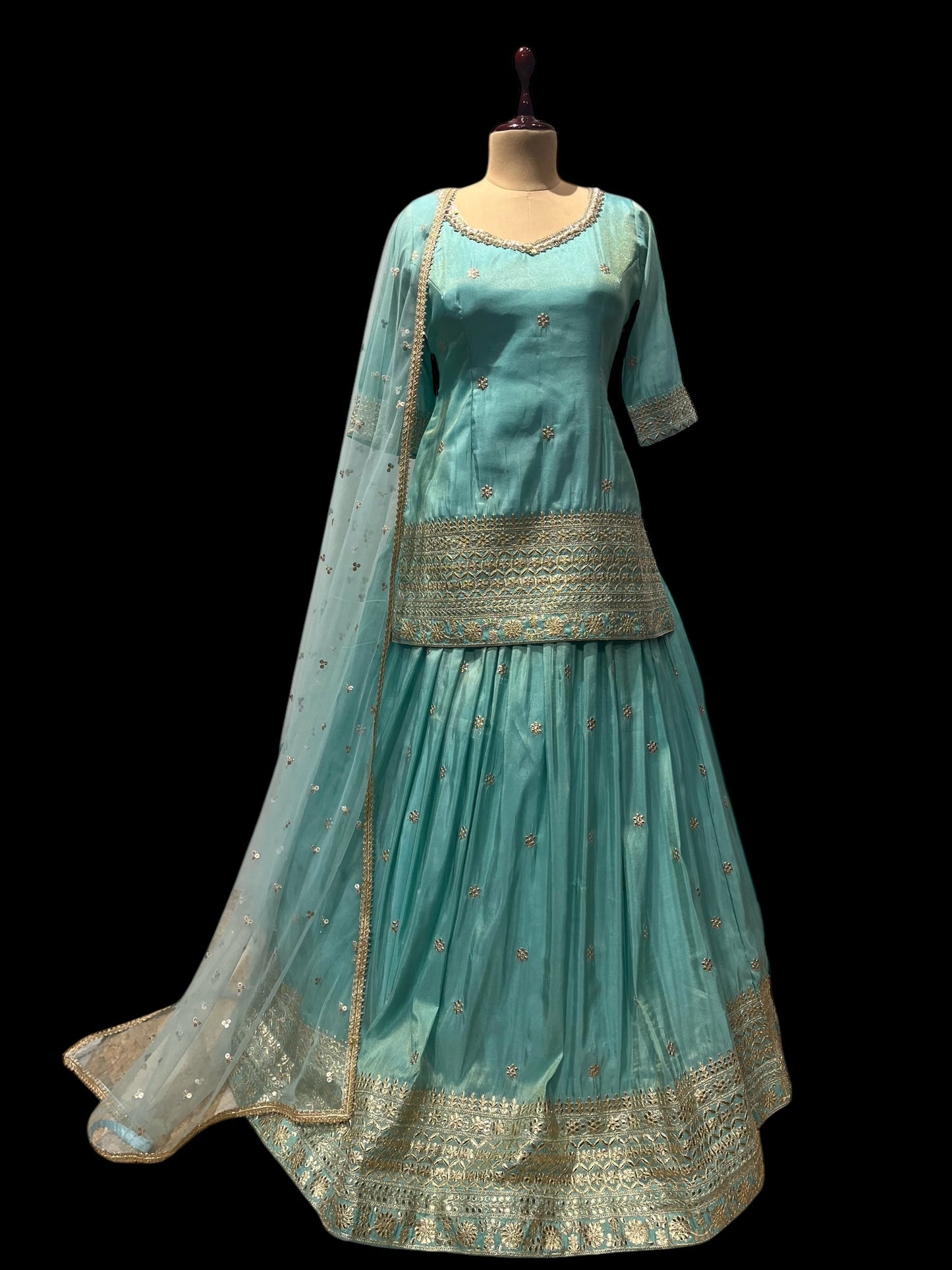 SKY BLUE COLOUR TISSUE SKIRT WITH KURTA WITH &  NET DUPATTA EMBELLISHED WITH  KASAB & ZARI WORK