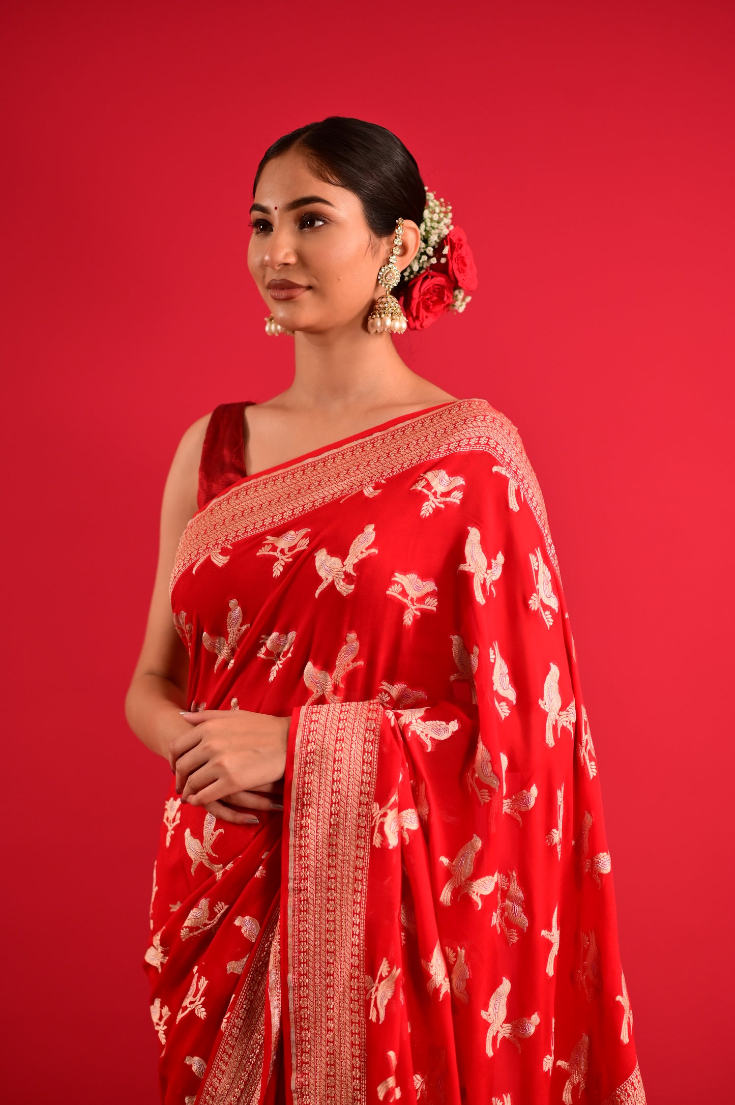 RED COLOUR PURE GEORGETTE KHADDI SAREE EMBELLISHED WITH RESHAM WEAVES