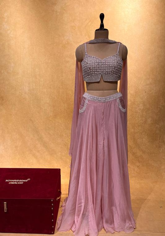 PINK COLOR ORGANZA CROP TOP WITH PLAZZO  EMBROIDERED & DUPATTA EMBELLISHED WITH PEARL, SEQUINS & CUTDANA WORK