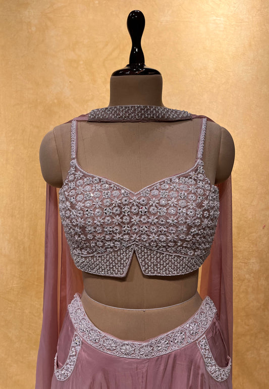 PINK COLOR ORGANZA CROP TOP WITH PLAZZO  EMBROIDERED & DUPATTA EMBELLISHED WITH PEARL, SEQUINS & CUTDANA WORK