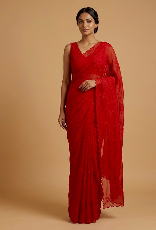 RED COLOUR, MUL CHANDERI RESHAM EMBROIDERED SAREE & SCALLOP BORDER BY SIDDHAIKA - Kothari Sons