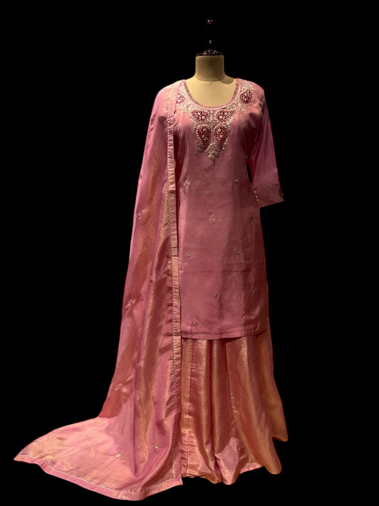 PINK COLOUR TISSUE EMBROIDERED SHARARA SUIT EMBELLISHED WITH PATCH KASAB WORK