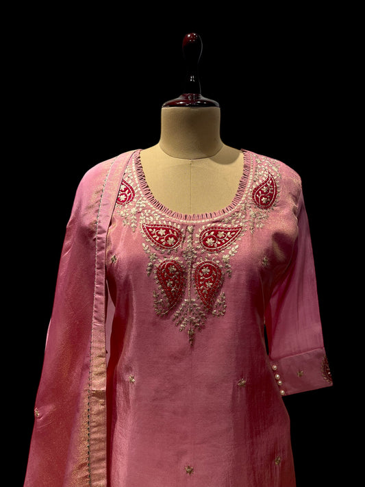 PINK COLOUR TISSUE EMBROIDERED SHARARA SUIT EMBELLISHED WITH PATCH KASAB WORK