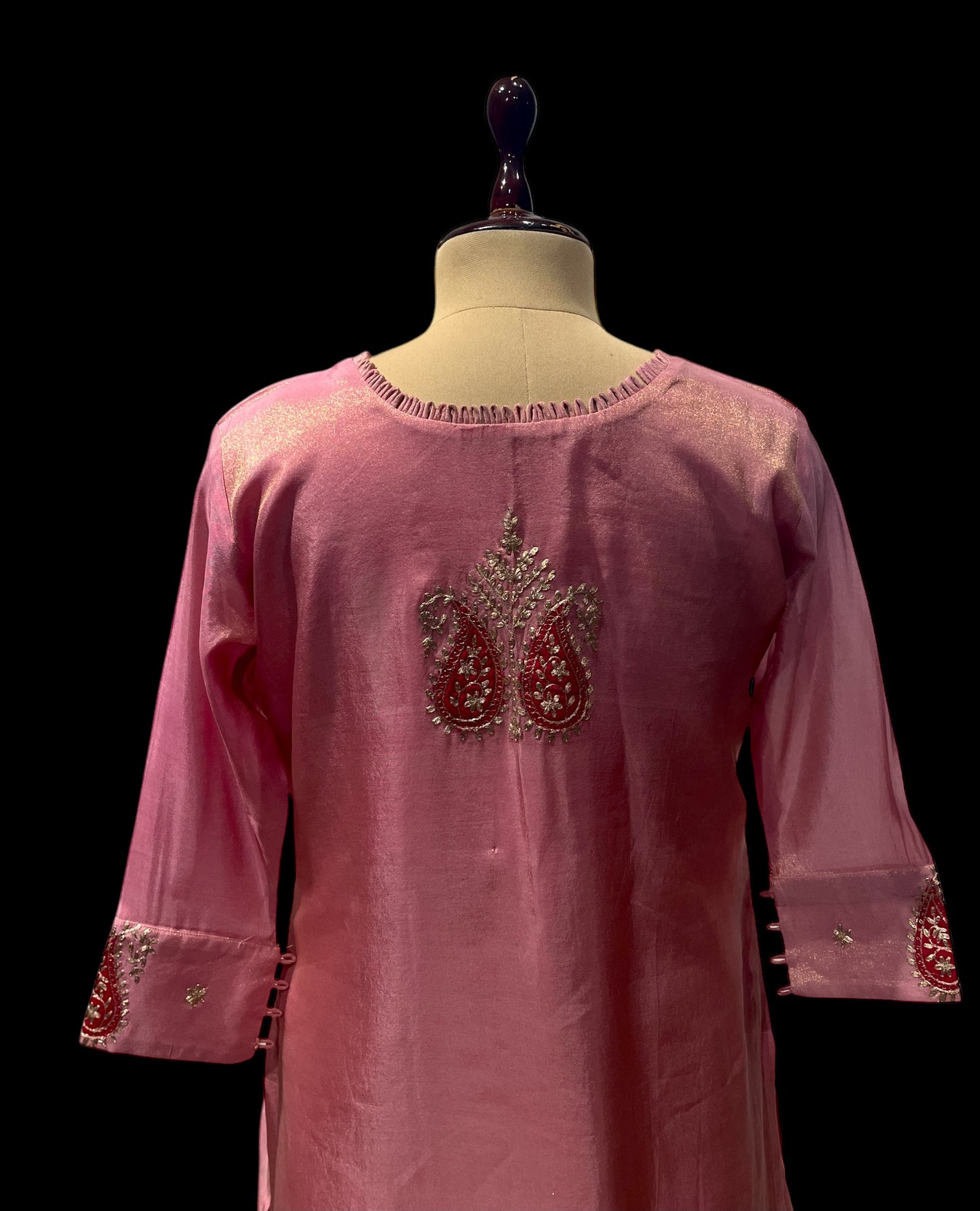 PINK COLOUR TISSUE EMBROIDERED SHARARA SUIT EMBELLISHED WITH PATCH KASAB WORK