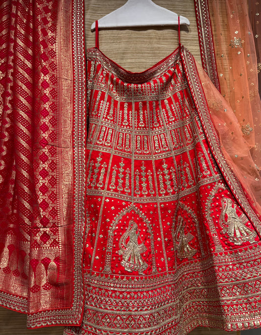 ( DELIVERY IN 20 DAYS) RED COLOR SILK EMBROIDERED LEHENGA WITH GHARCHOLA DUPATTA EMBELLISHED WITH ZARI & SEQUINS WORK