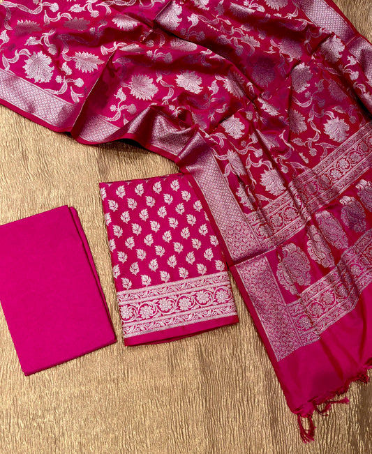 HOT PINK COLOUR BANARASI BROCADE UNSTITCHED SUIT