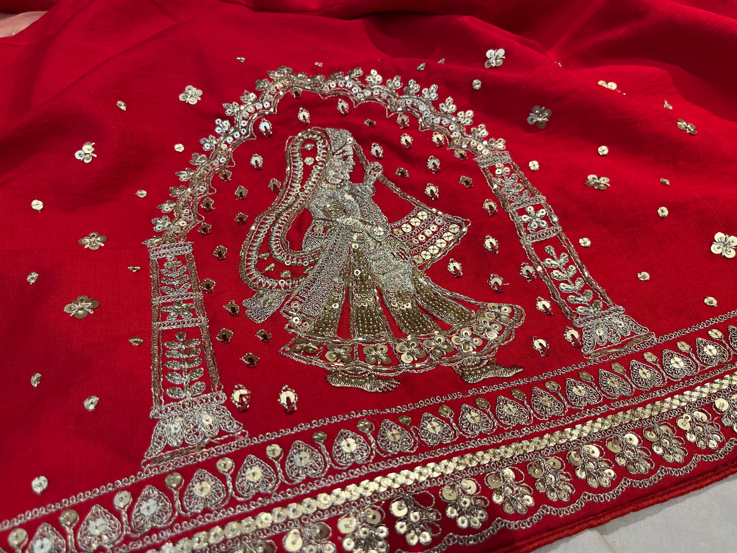 ( DELIVERY IN 20 DAYS) RED COLOR SILK EMBROIDERED LEHENGA WITH GHARCHOLA DUPATTA EMBELLISHED WITH ZARI & SEQUINS WORK