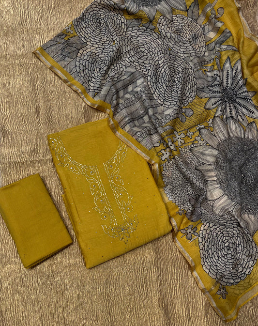 YELLOW COLOR CHANDERI MUKAISH EMBROIDERED UNSTICHED SUIT WITH PRINTED DUPATTA