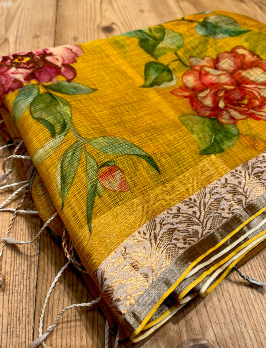 MUSTARD COLOUR PRINTED KOTA DORIA SAREE WITH ZARI BORDER