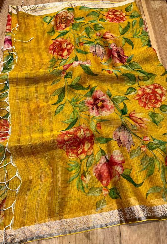 MUSTARD COLOUR PRINTED KOTA DORIA SAREE WITH ZARI BORDER