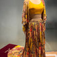 MUSTARD COLOUR CREPE SILK SKIRT WITH CROP TOP & JACKET EMBELLISHED WITH BEADS & MIRROR WORK