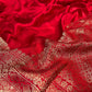 (DELIVERY IN 25 DAYS ) RED COLOR JACQUARD SATIN SILK SAREE EMBELLISHED WITH ZARI BORDER & PALLA