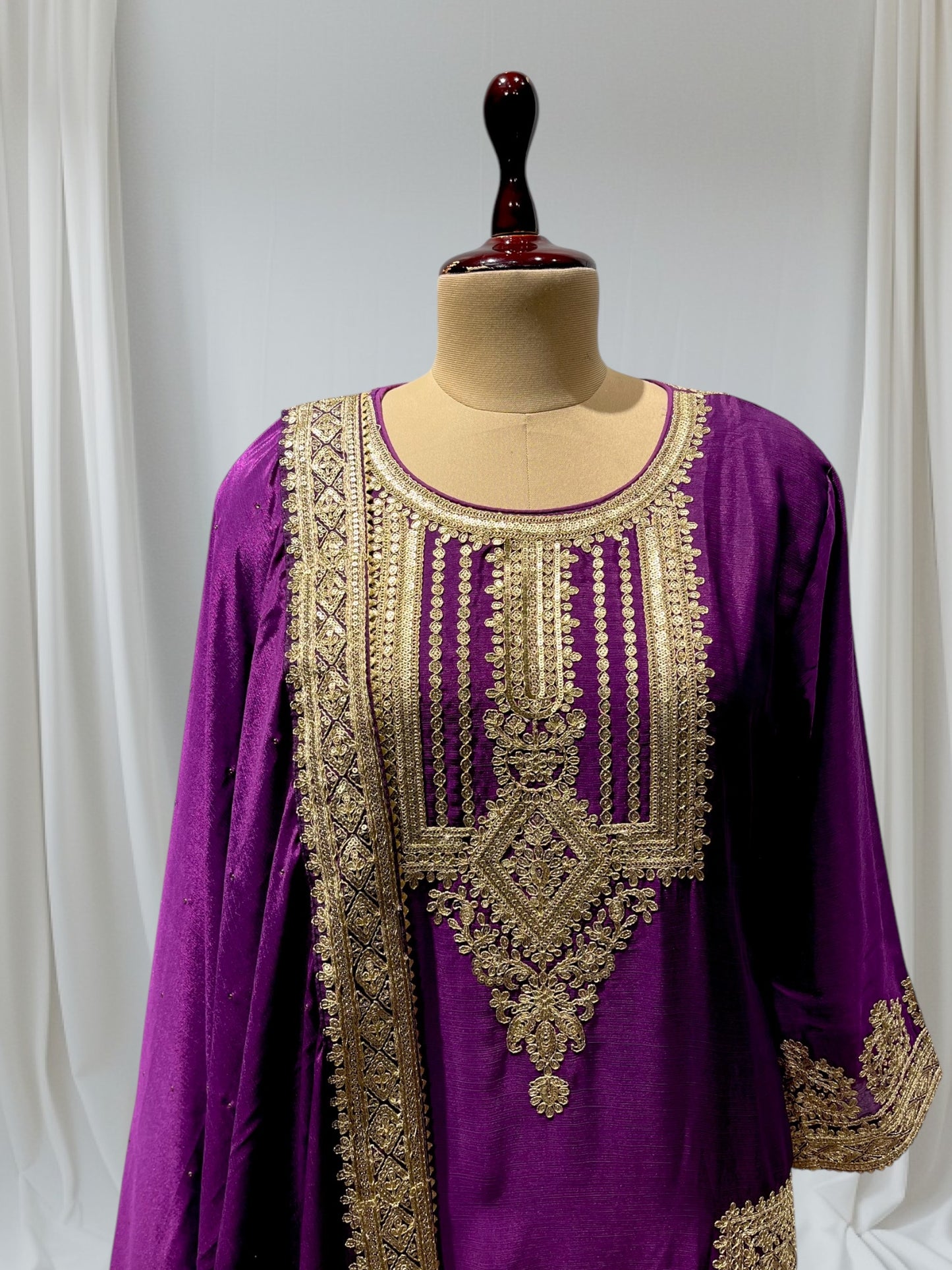 WINE COLOR CHINON READYMADE SUIT EMBELLISHED WITH KASAB AND SEQUINS WORK