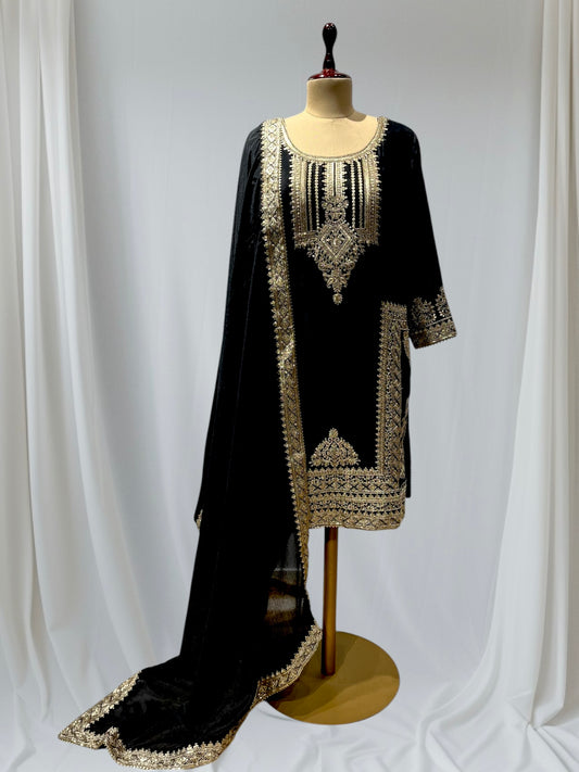 BLACK COLOR CHINON READYMADE SUIT EMBELLISHED WITH KASAB AND SEQUINS WORK