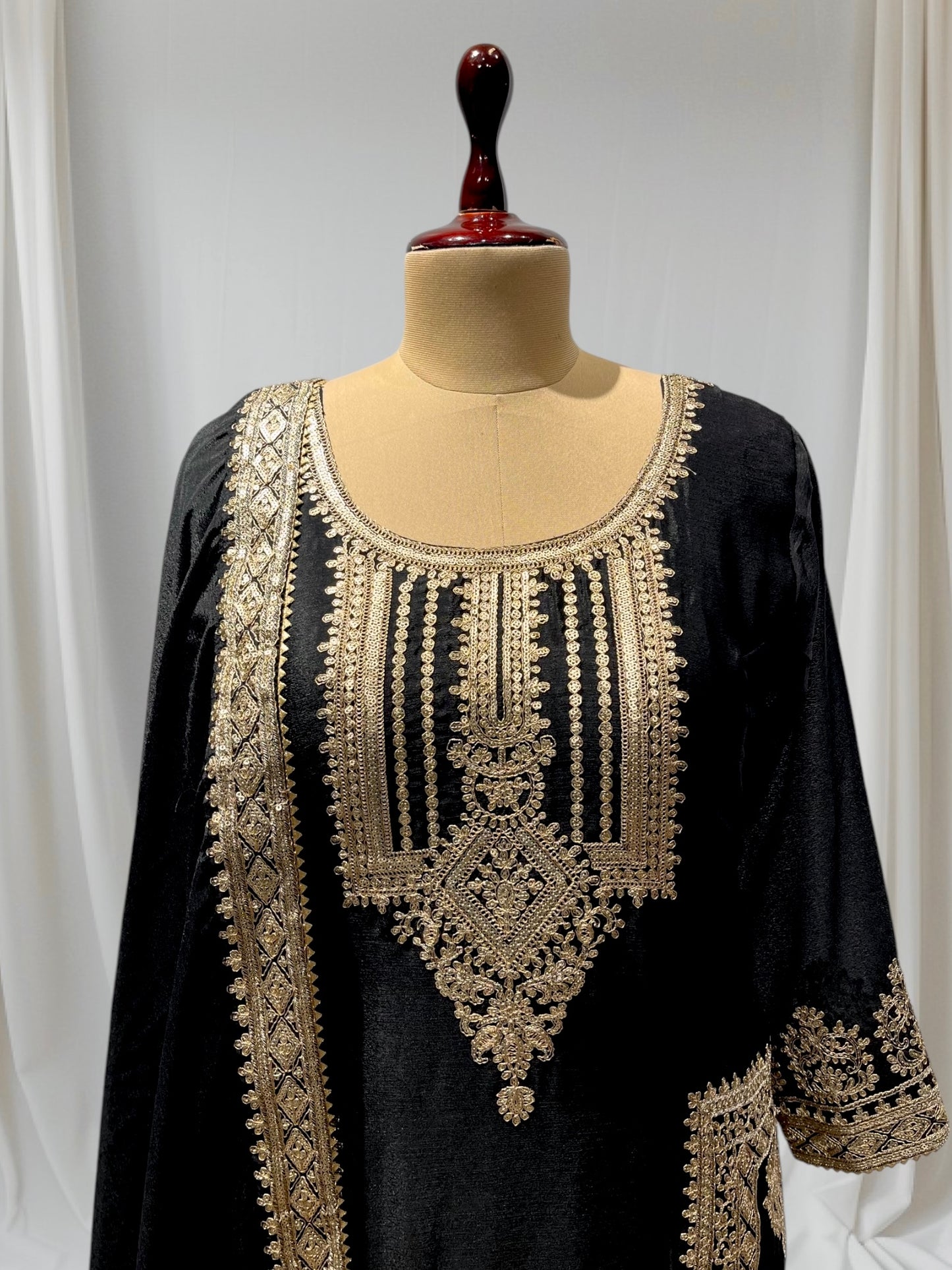 BLACK COLOR CHINON READYMADE SUIT EMBELLISHED WITH KASAB AND SEQUINS WORK