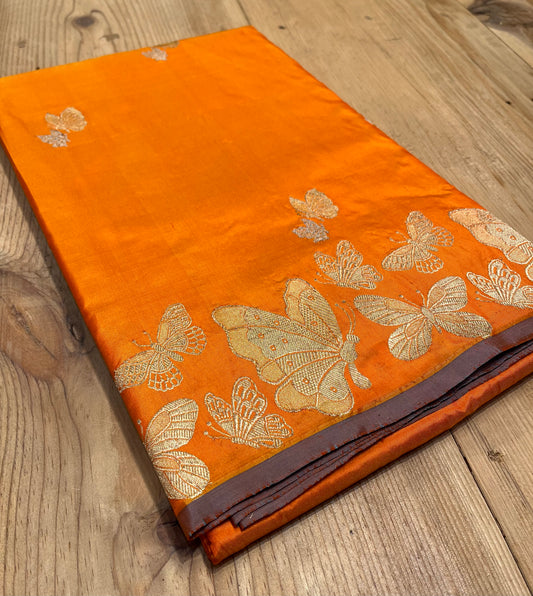 ORANGE COLOUR PURE KATAN SILK SAREE EMBELLISHED WITH ZARI WEAVES