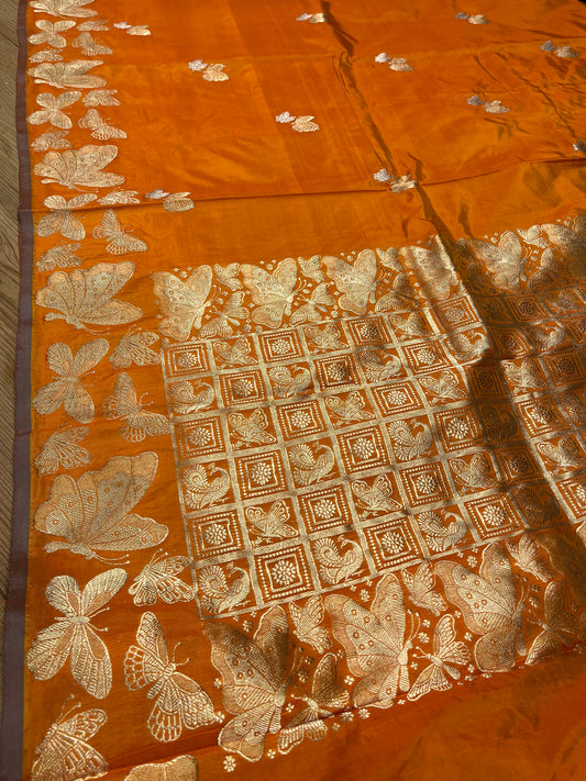 ORANGE COLOUR PURE KATAN SILK SAREE EMBELLISHED WITH ZARI WEAVES