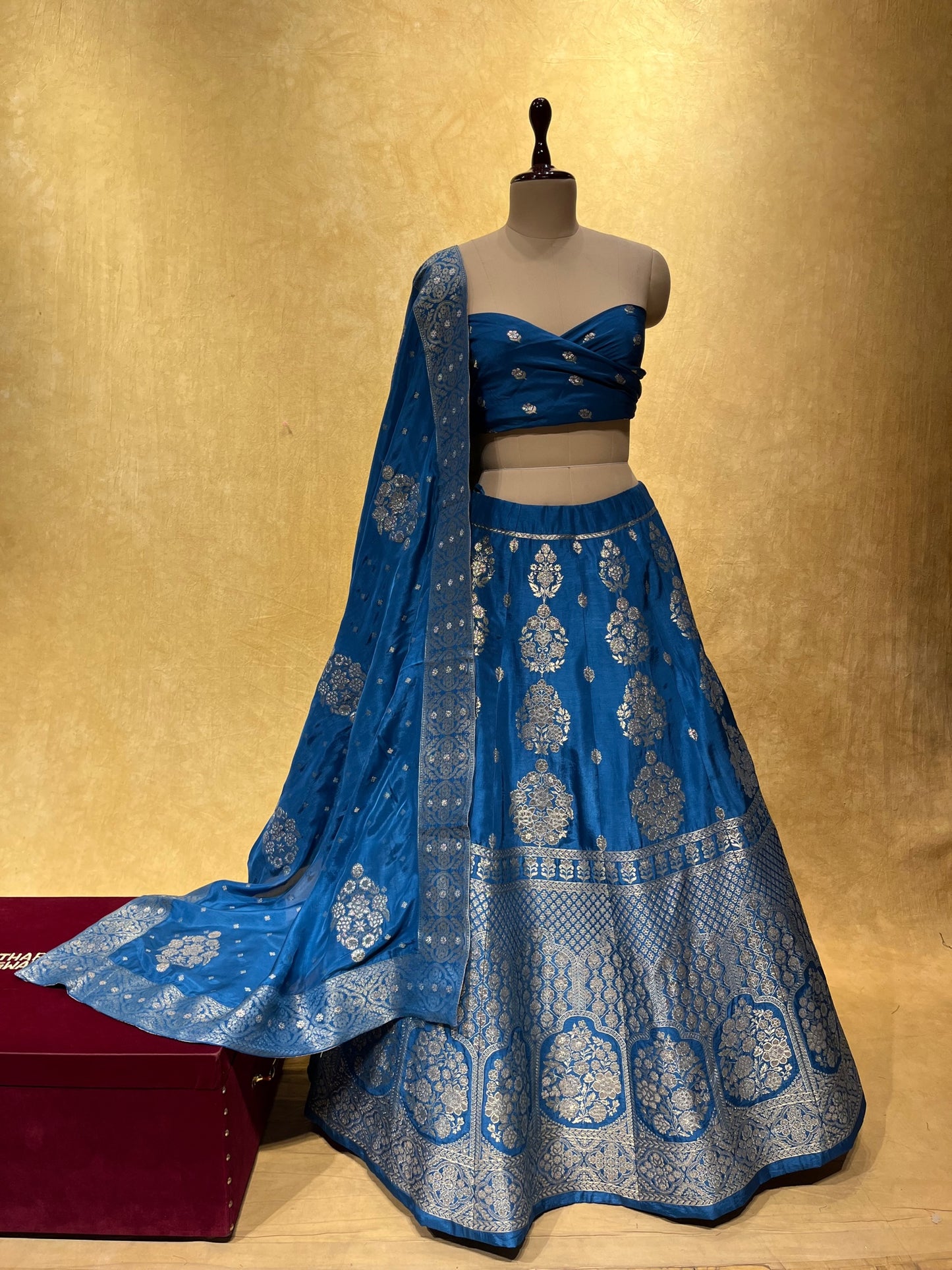 ( DELIVERY IN 25 DAYS ) BLUE COLOUR BANARASI PURE SILK LEHENGA WITH UNSTITCHED BLOUSE EMBELLISHED WITH ZARI WEAVES