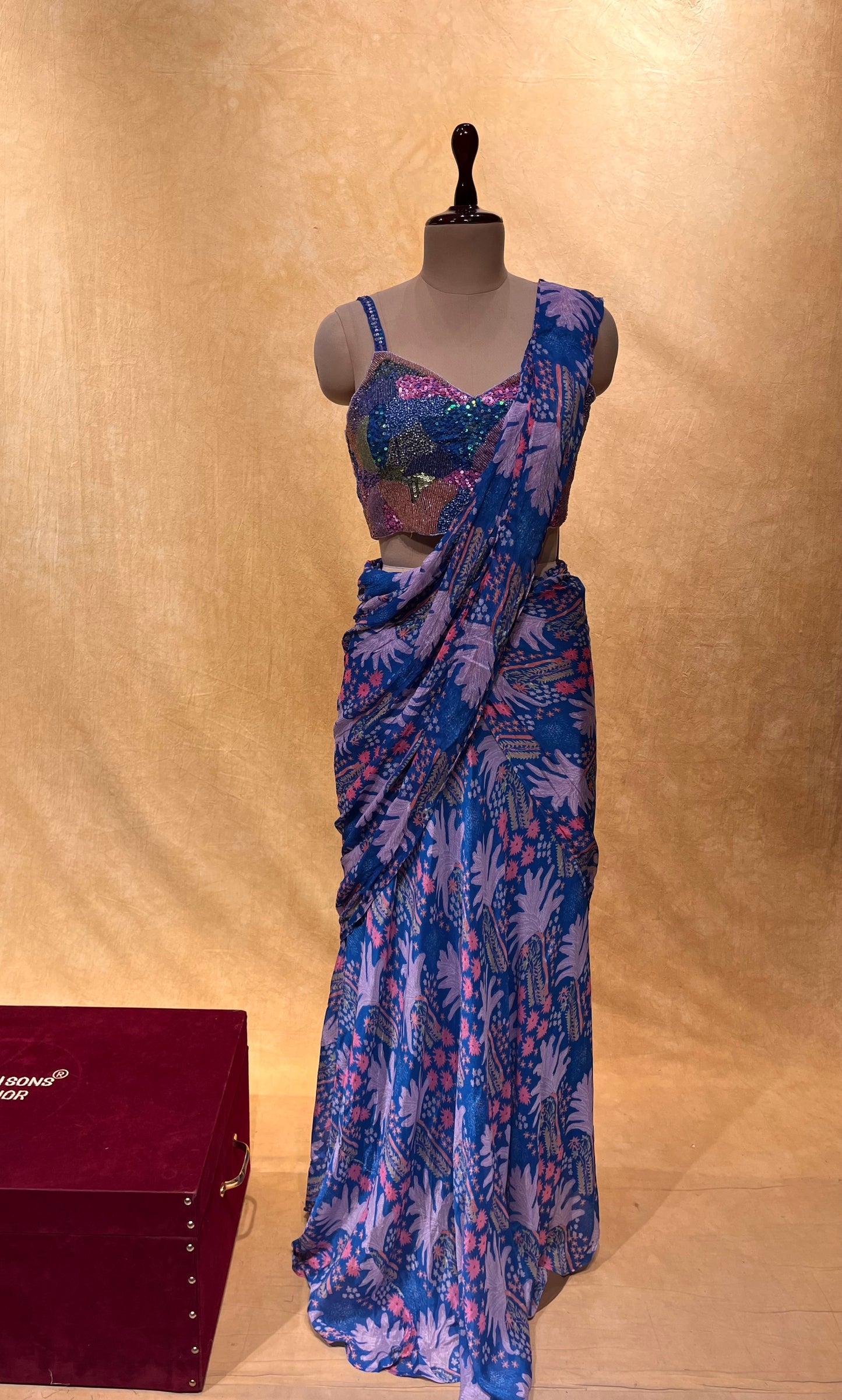 BLUE COLOR CHINON INDOWESTERN READYMADE SAREE WITH CROP TOP BLOUSE EMBELLISHED WITH CUTDANA & SEQUINS WORK
