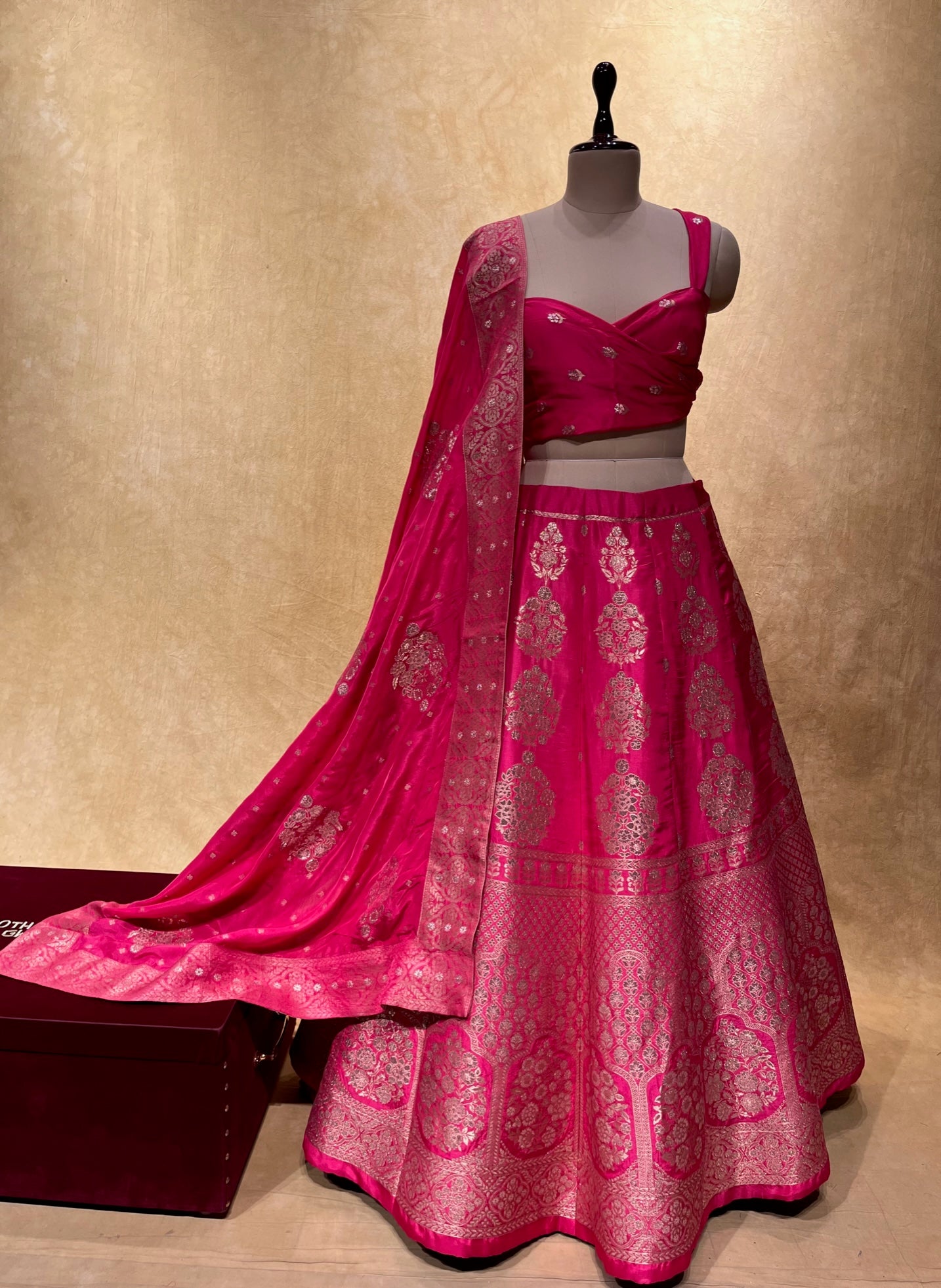 ( DELIVERY IN 25 DAYS ) HOT PINK COLOUR BANARASI PURE SILK LEHENGA WITH UNSTITCHED BLOUSE EMBELLISHED WITH ZARI WEAVES