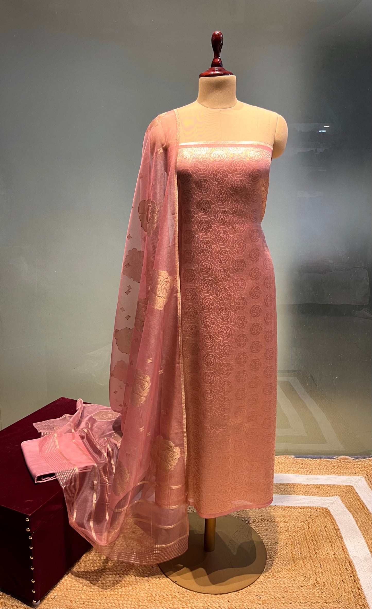 ( DELIVERY IN 25 DAYS ) ROSE PINK COLOUR ORGANZA BANARASI SILK UNSTITCHED SUIT EMBELLISHED WITH ZARI WEAVES
