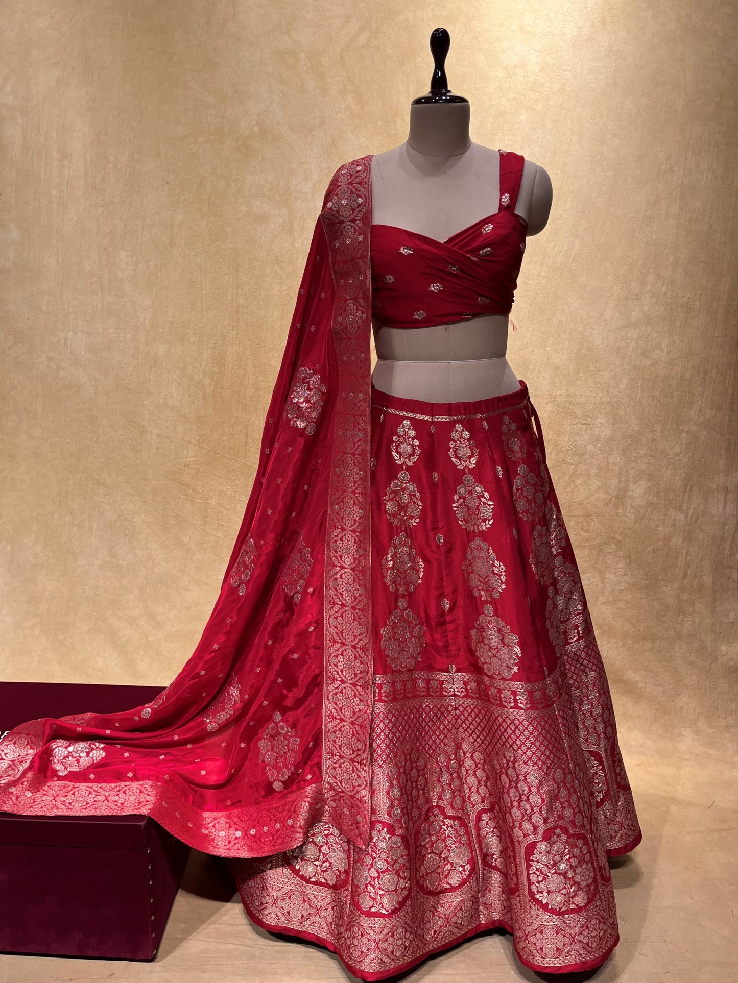 ( DELIVERY IN 25 DAYS ) RED COLOUR BANARASI PURE SILK LEHENGA WITH UNSTITCHED BLOUSE EMBELLISHED WITH ZARI WEAVES