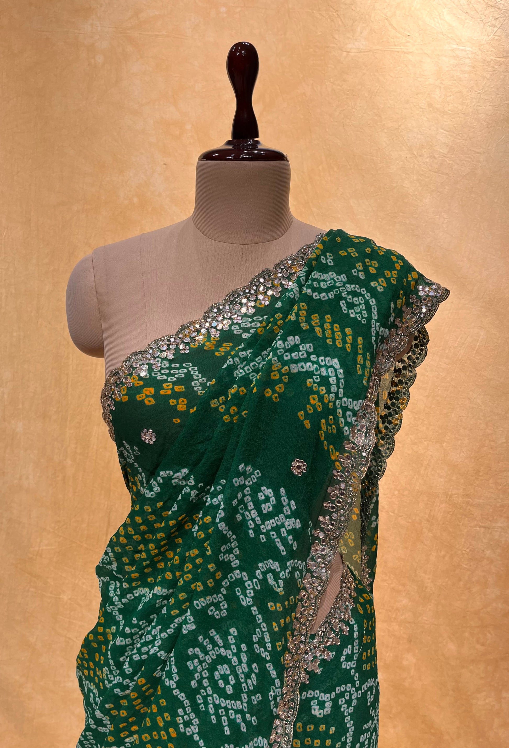 Green Color Pure Ojariya Bandhani Saree Embellished With Gota Patti