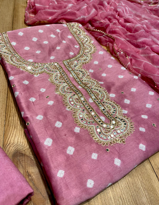 PINK COLOUR CHANDERI SILK BANDHANI UNSTITCHED SUIT WITH CHIFFON DUPATTA