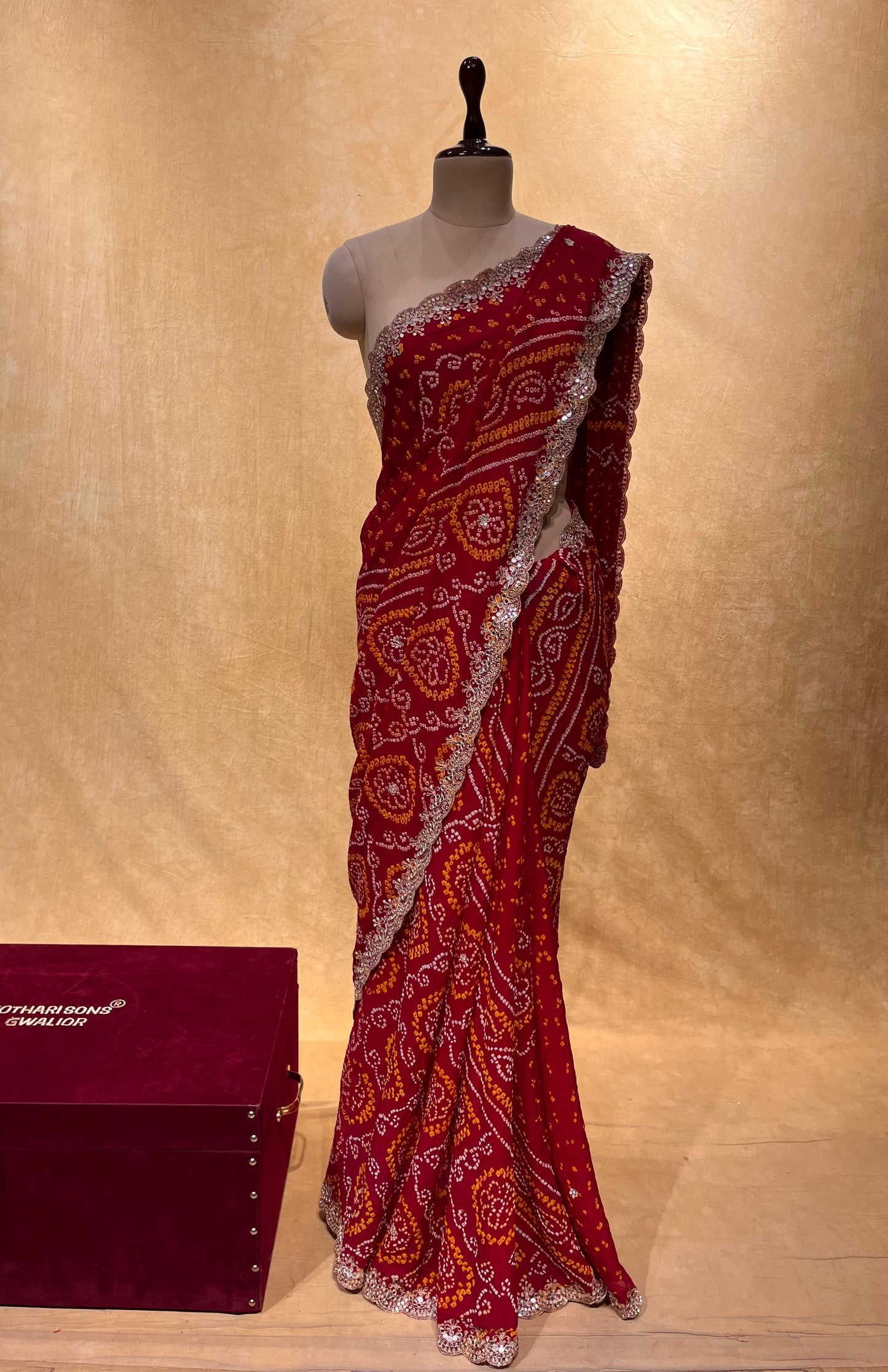 ( DELIVERY IN 25 DAYS ) RED COLOR PURE OJARIYA BANDHEJ SAREE EMBELLISHED WITH GOTA PATTI & MIRROR WORK