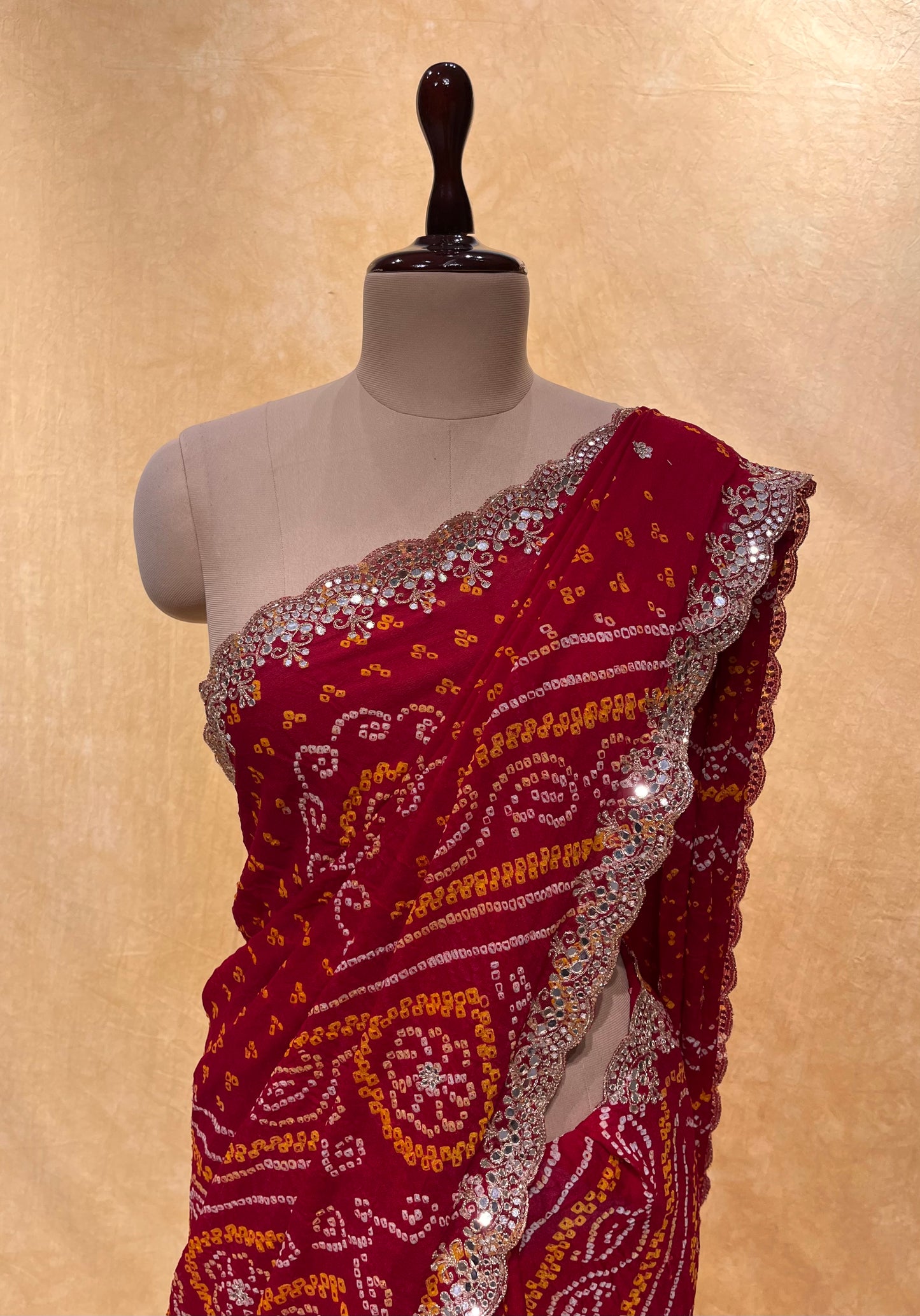 ( DELIVERY IN 25 DAYS ) RED COLOR PURE OJARIYA BANDHEJ SAREE EMBELLISHED WITH GOTA PATTI & MIRROR WORK