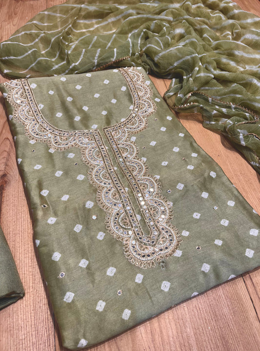 OLIVE COLOUR CHANDERI SILK BANDHANI UNSTITCHED SUIT WITH CHIFFON DUPATTA