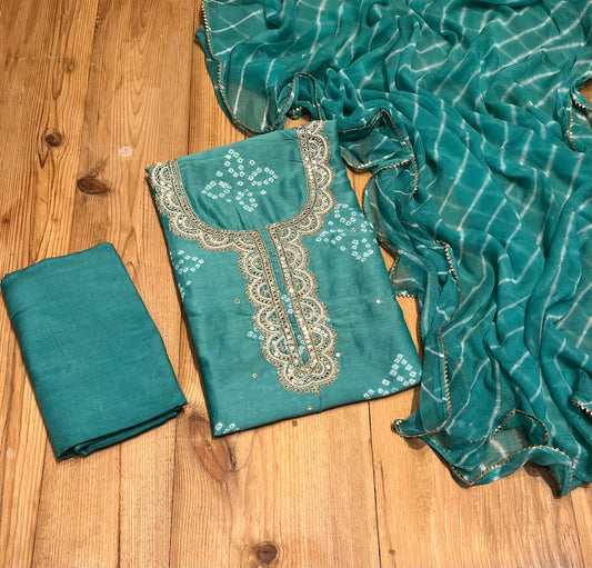 TURQUOISE COLOUR CHANDERI SILK UNSTITCHED SUIT WITH CHIFFON DUPATTA