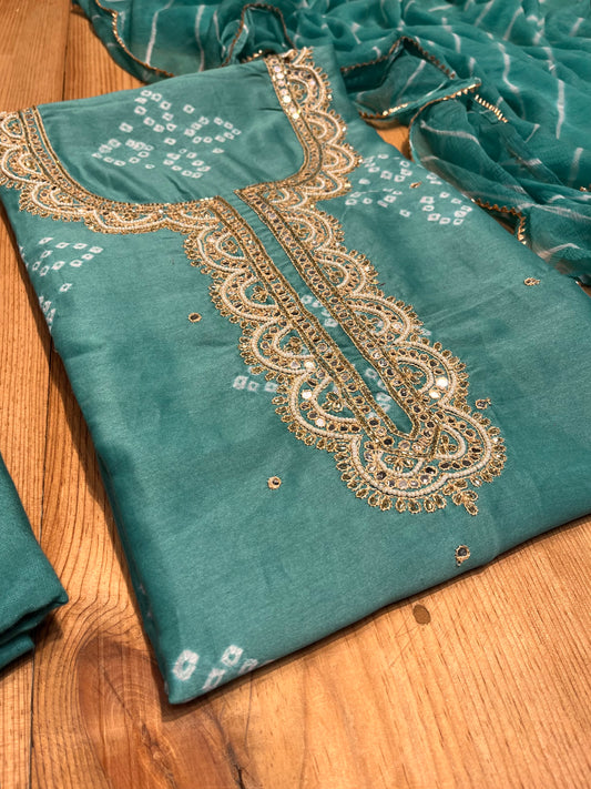 TURQUOISE COLOUR CHANDERI SILK UNSTITCHED SUIT WITH CHIFFON DUPATTA