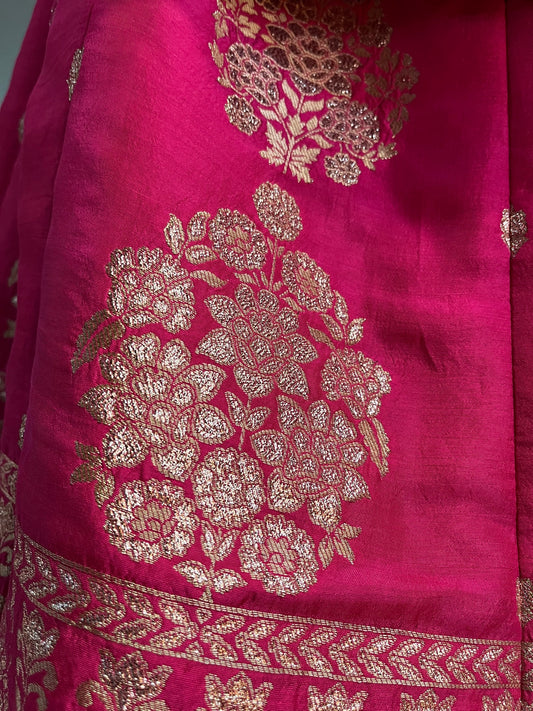 ( DELIVERY IN 25 DAYS ) HOT PINK COLOUR BANARASI PURE SILK LEHENGA WITH UNSTITCHED BLOUSE EMBELLISHED WITH ZARI WEAVES