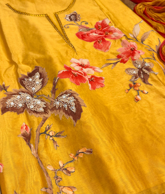 YELLOW COLOUR CHANDERI UNSTITCHED SUIT WITH CHIFFON DUPATTA EMBELLISHED WITH BEADS WORK