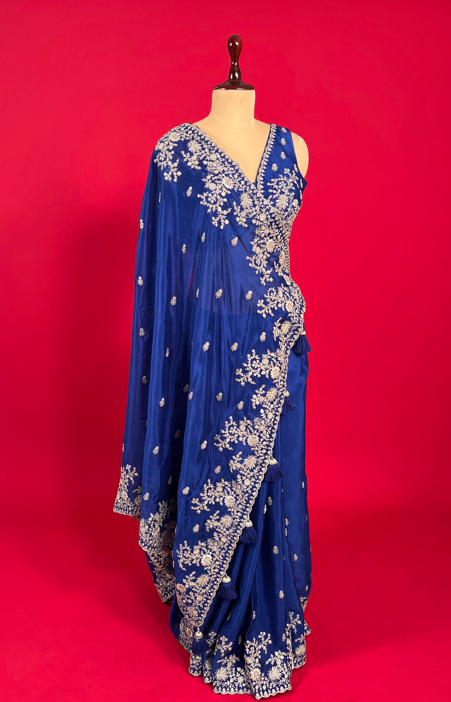 ( DELIVERY IN 25 DAYS ) BLUE COLOUR CHINON EMBROIDERED READYMADE BLOUSE SAREE EMBELLISHED WITH ZARI & SEQUINS WORK