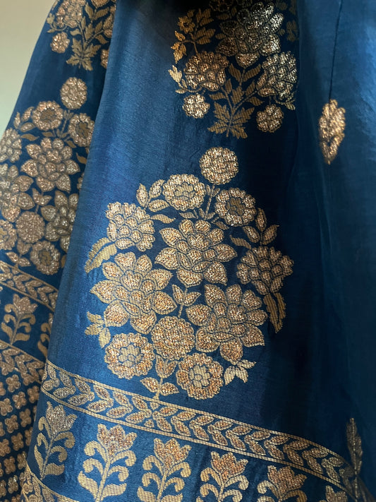 ( DELIVERY IN 25 DAYS ) BLUE COLOUR BANARASI PURE SILK LEHENGA WITH UNSTITCHED BLOUSE EMBELLISHED WITH ZARI WEAVES