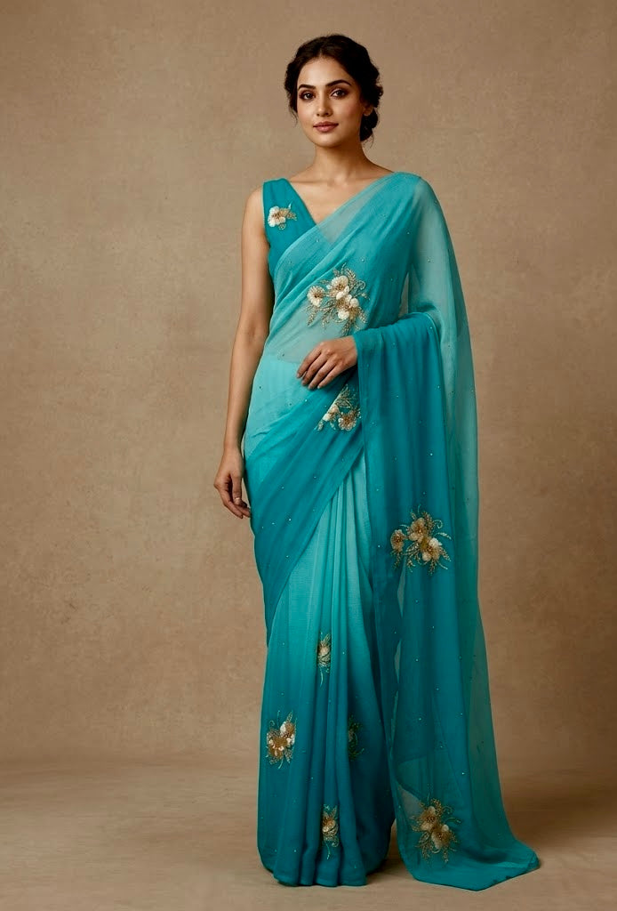 TURQUOISE BLUE SHADED CHIFFON HAND EMBROIDERED SAREE EMBELLISHED WITH AARI & SEQUINS WORK ( DELIVERY IN 25-30 DAYS ) - Kothari Sons