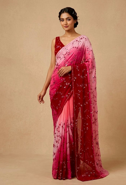 SHADED PLATINUM CHIFFON HAND EMBROIDERED SAREE EMBELLISHED WITH SEQUINS & CUTDANA WORK ( DELIVERY IN 25-30 DAYS ) - Kothari Sons