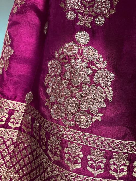 ( DELIVERY IN 25 DAYS ) WINE COLOUR BANARASI PURE SILK LEHENGA WITH UNSTITCHED BLOUSE EMBELLISHED WITH ZARI WEAVES