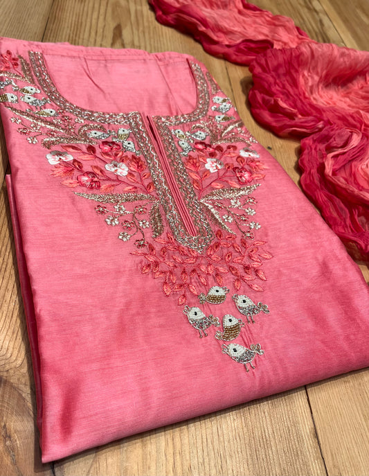 PINK COLOUR CHANDERI UNSTITCHED SUIT WITH CHIFFON DUPATTA EMBELLISHED WITH RESHAM & BEADS WORK