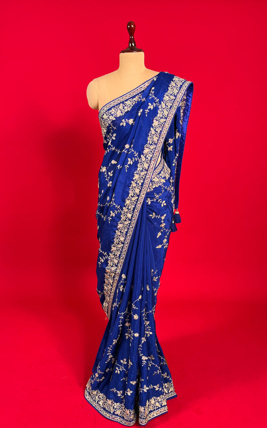 BLUE COLOUR EMBROIDERED CHINON SAREE EMBELLISHED WITH SEQUINS & ZARI WORK